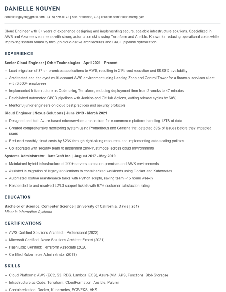 Cloud Engineer Resume Examples & Templates 2025 - Resume.AI