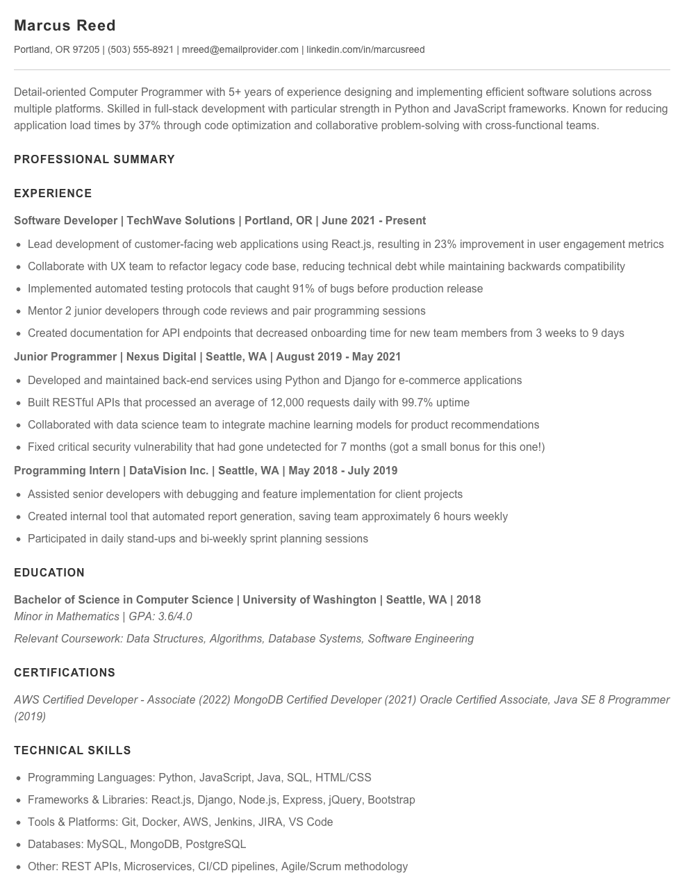 Computer Programmer Resume Examples & Templates 2025 - Resume.AI