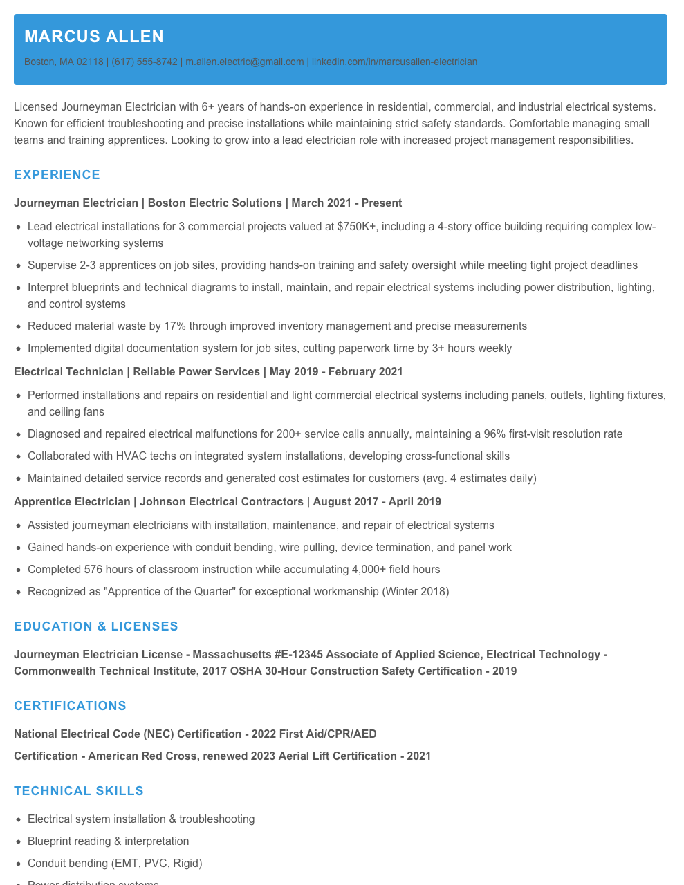 Electrician Resume Examples & Templates 2025 - Resume.AI