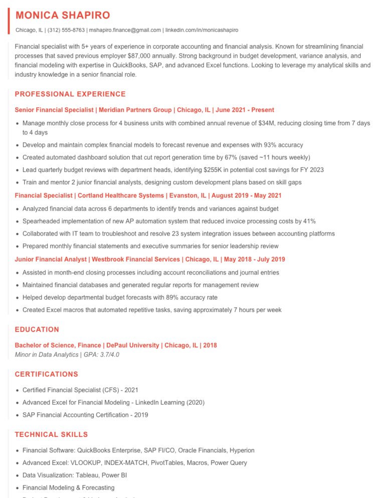Financial Specialist Resume Examples & Templates 2025 - Resume.AI