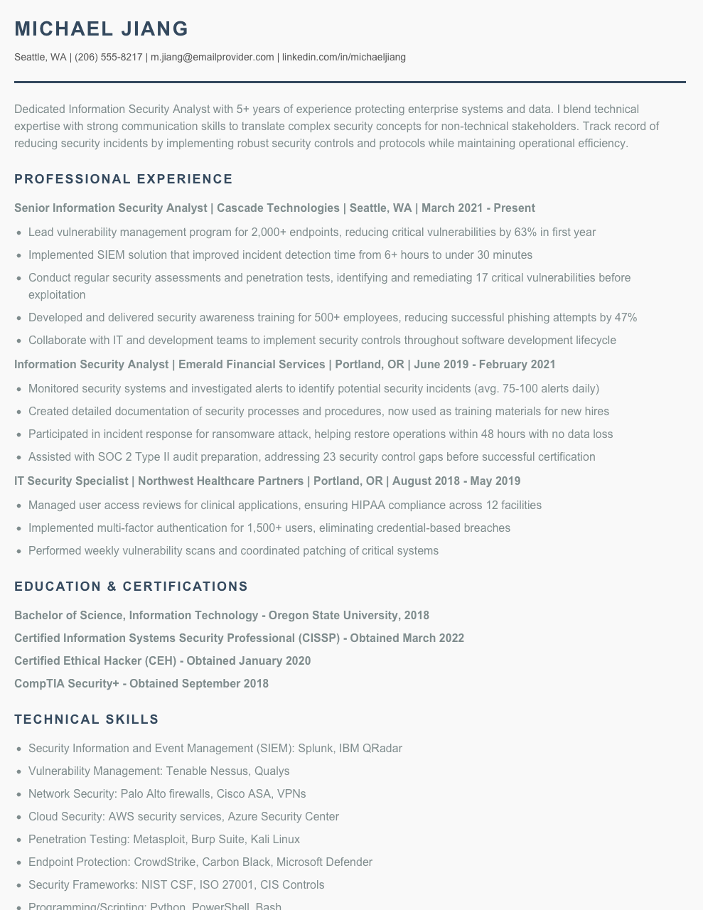 Information Security Analyst Resume Examples & Templates 2025 - Resume.AI
