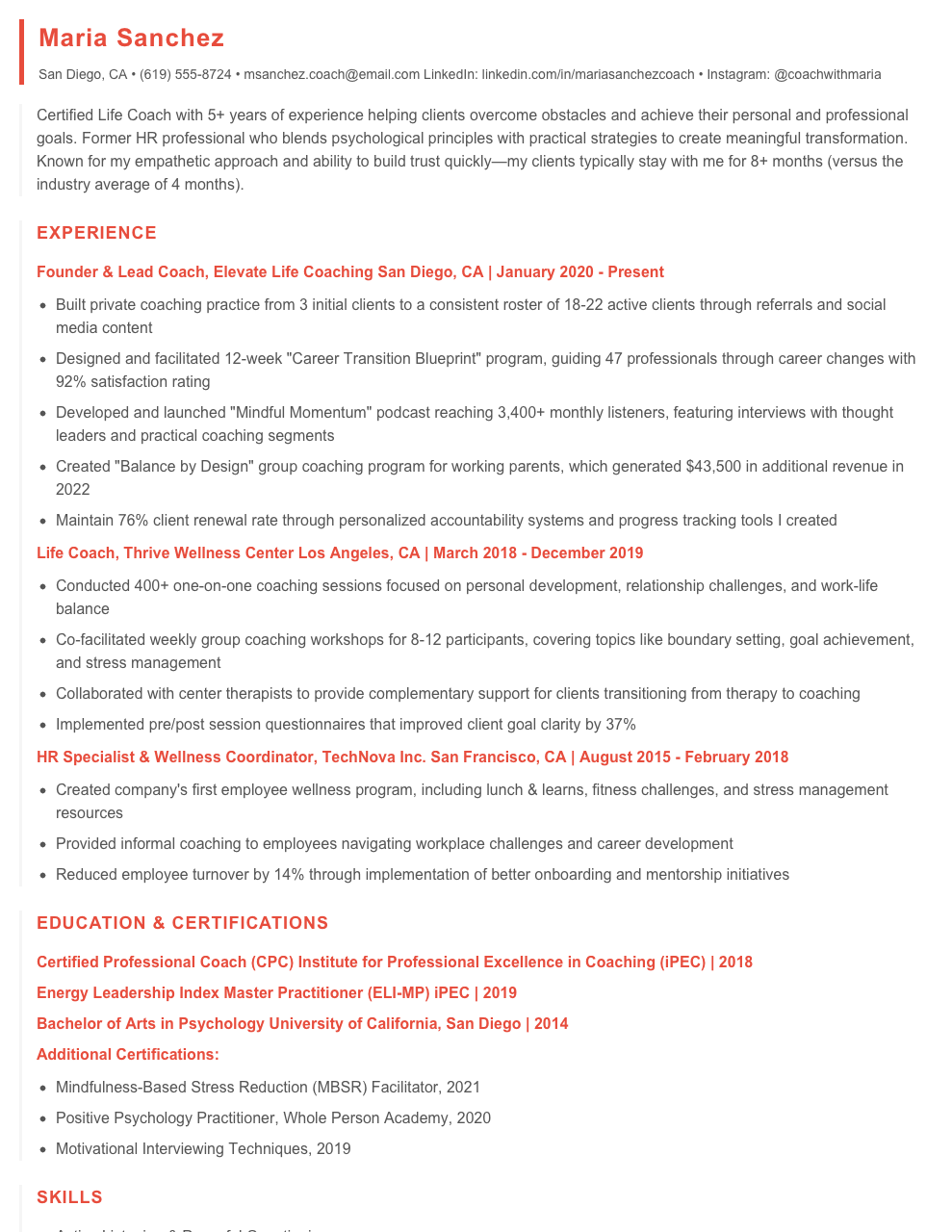 Life Coach Resume Examples amp Templates - Life Coach Resume Example 