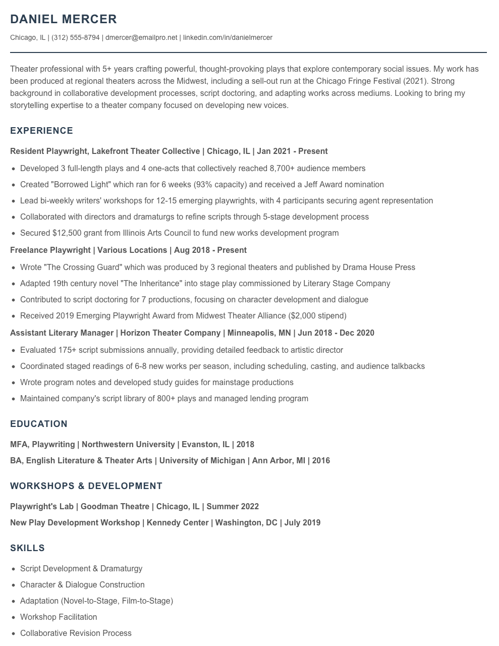 Playwright Resume Examples amp Templates - Playwright Resume Example 