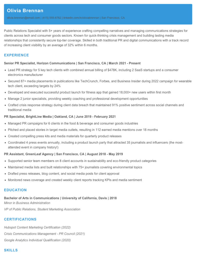 Public Relations Specialist Resume - Public Relations Specialist Resume Example 768x994 