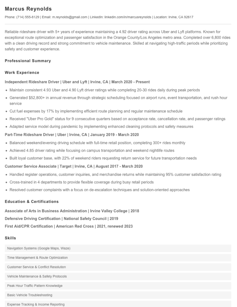 Rideshare Driver Resume Examples & Templates 2025 - Resume.AI