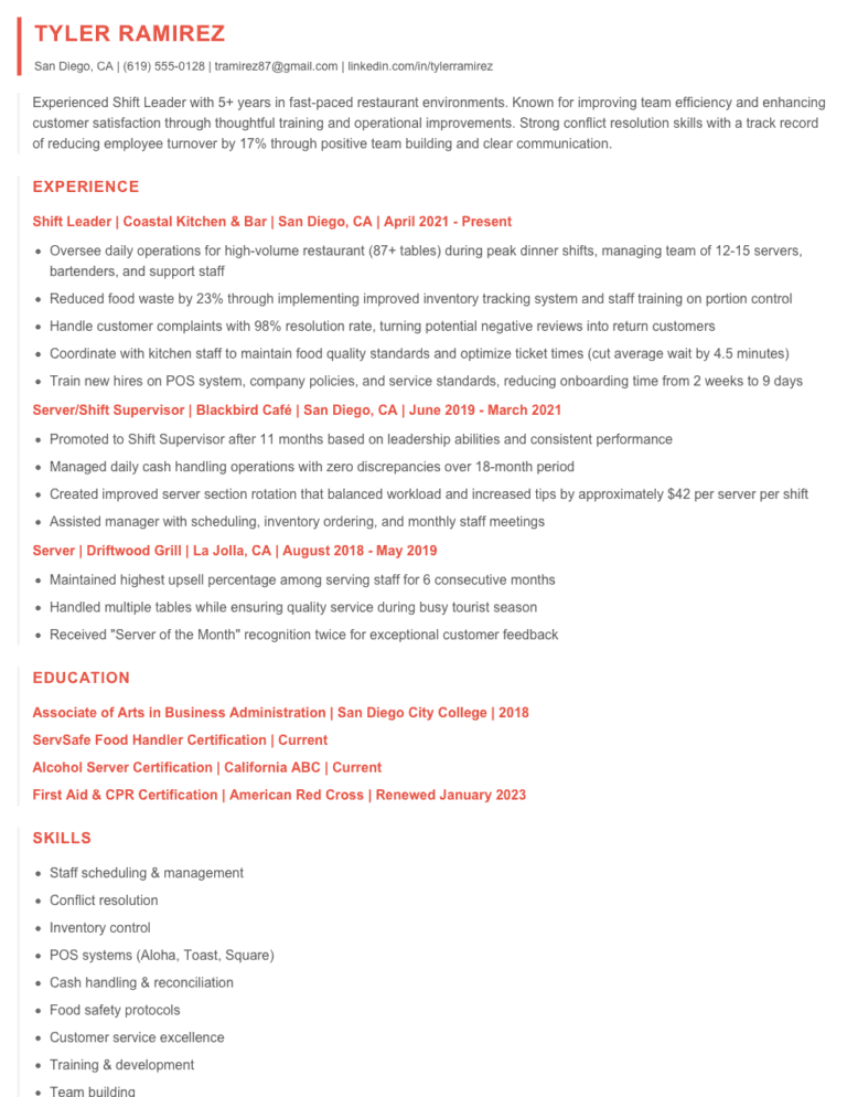 Shift Leader Resume Examples & Templates 2025 - Resume.AI