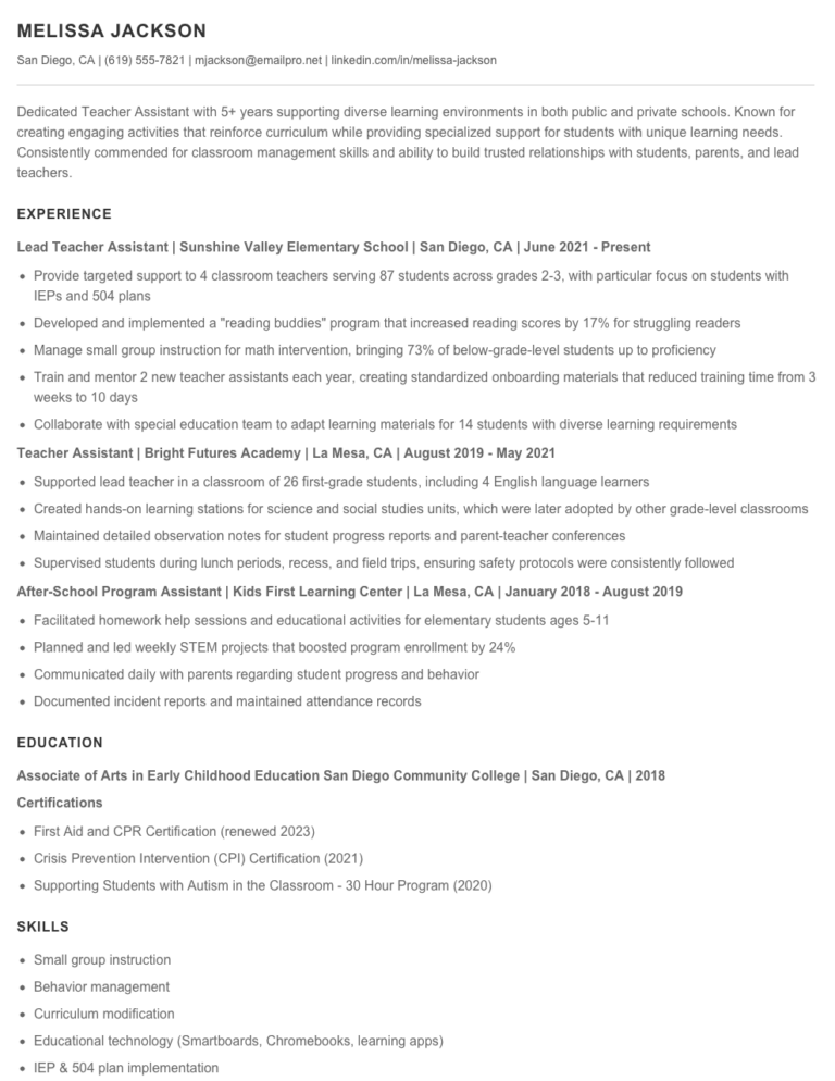 Teacher Assistant Resume Examples & Templates 2025 - Resume.AI